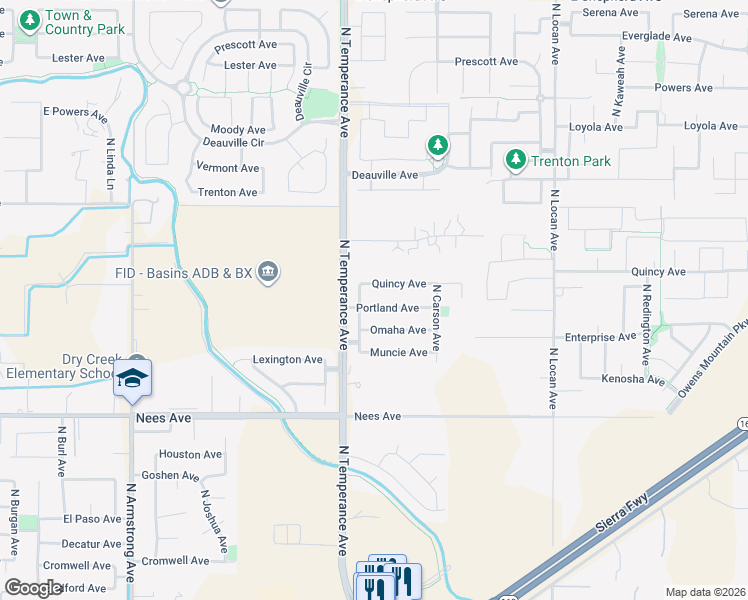 map of restaurants, bars, coffee shops, grocery stores, and more near 2678 Quincy Avenue in Clovis
