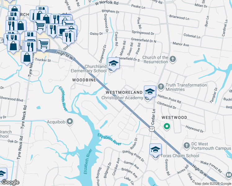 map of restaurants, bars, coffee shops, grocery stores, and more near 5300 High Street West in Portsmouth