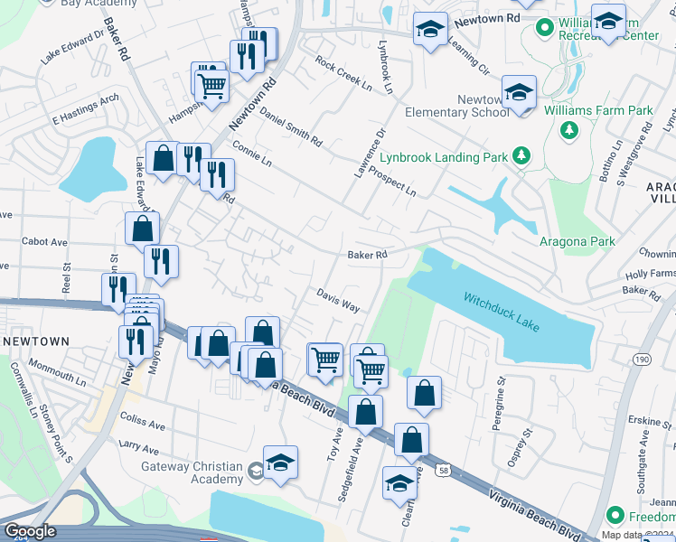 map of restaurants, bars, coffee shops, grocery stores, and more near 632 Aubrey Drive in Virginia Beach
