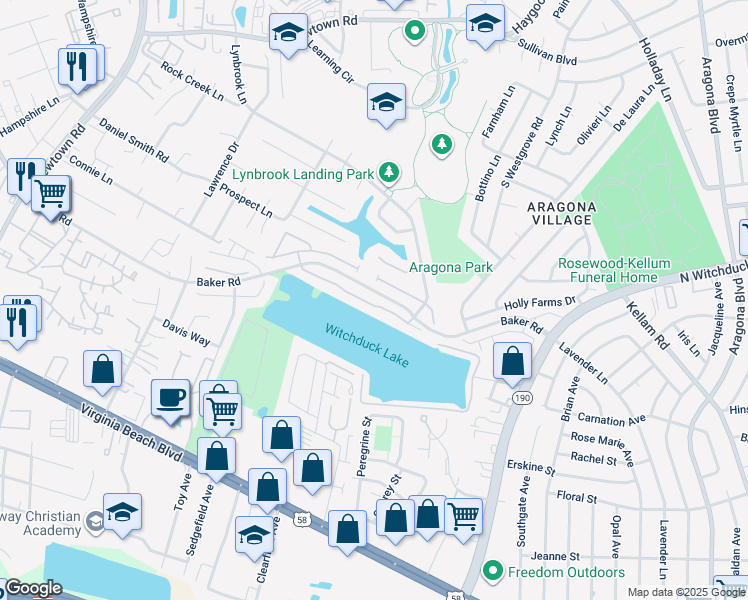 map of restaurants, bars, coffee shops, grocery stores, and more near 5476 Bulls Bay Drive in Virginia Beach