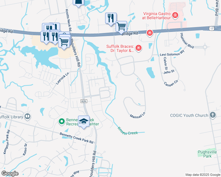 map of restaurants, bars, coffee shops, grocery stores, and more near 1011 Cabaret Lane in Suffolk