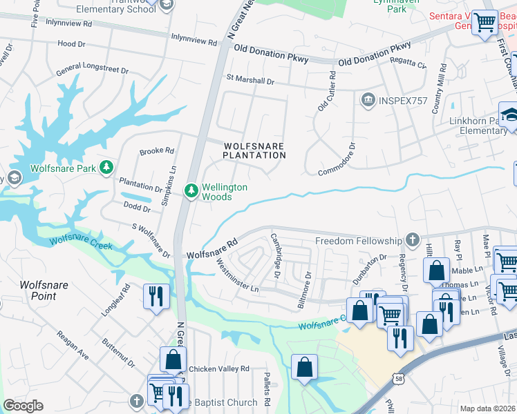 map of restaurants, bars, coffee shops, grocery stores, and more near 801 Lord Leighton Court in Virginia Beach