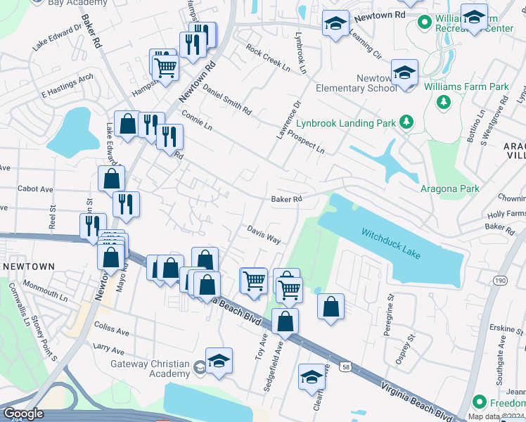 map of restaurants, bars, coffee shops, grocery stores, and more near 632 Aubrey Drive in Virginia Beach