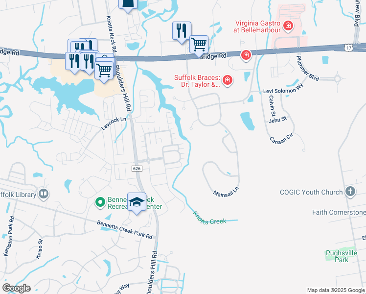 map of restaurants, bars, coffee shops, grocery stores, and more near 1011 Cabaret Lane in Suffolk