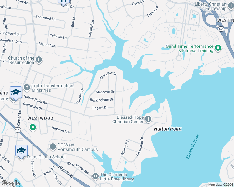 map of restaurants, bars, coffee shops, grocery stores, and more near 4412 Carlton Court in Portsmouth