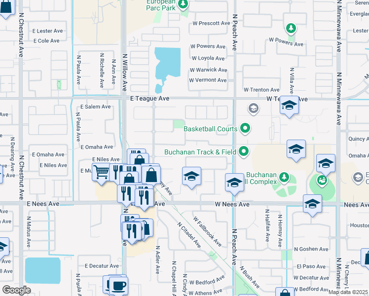 map of restaurants, bars, coffee shops, grocery stores, and more near 582 West Omaha Avenue in Clovis