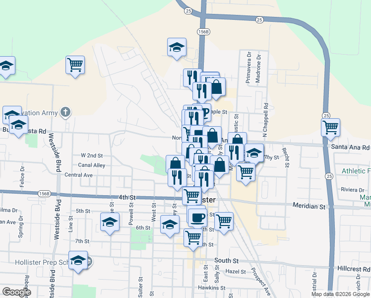 map of restaurants, bars, coffee shops, grocery stores, and more near 4 San Benito Street in Hollister
