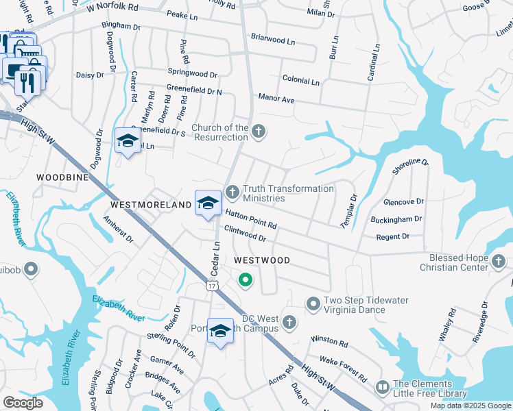 map of restaurants, bars, coffee shops, grocery stores, and more near 3401 Wilshire Road in Portsmouth