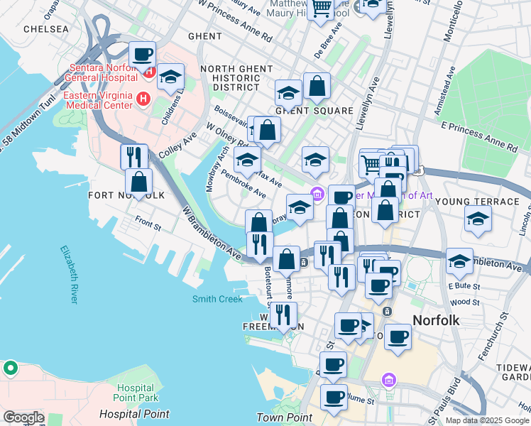 map of restaurants, bars, coffee shops, grocery stores, and more near 200 Drummond Place in Norfolk