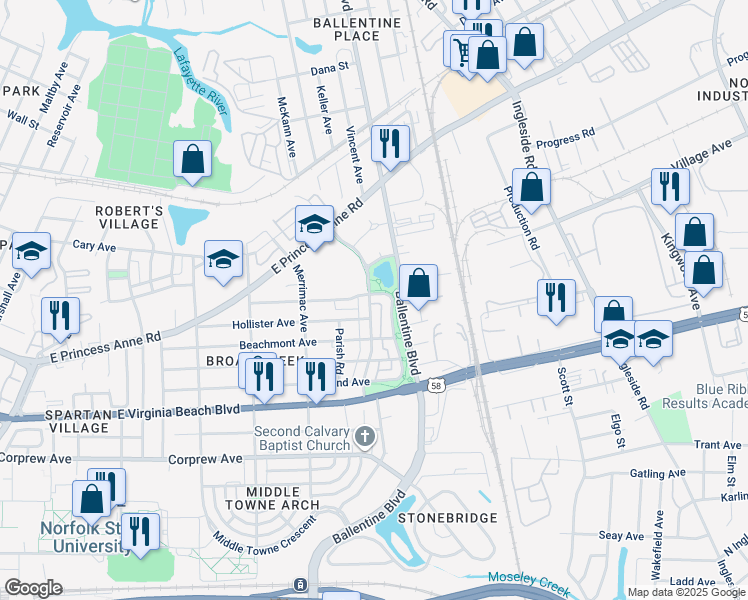 map of restaurants, bars, coffee shops, grocery stores, and more near 1236 Godfrey Avenue in Norfolk
