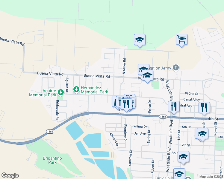 map of restaurants, bars, coffee shops, grocery stores, and more near 101 North Gonzalez Drive in Hollister