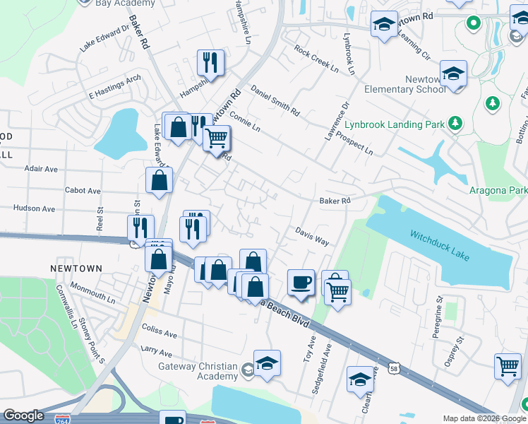 map of restaurants, bars, coffee shops, grocery stores, and more near 605 Spirit Court in Virginia Beach