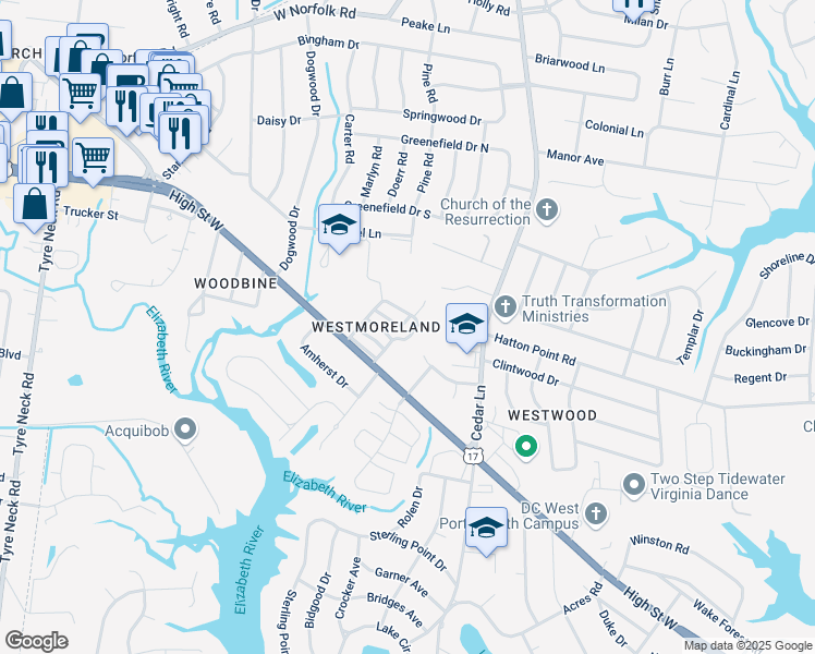 map of restaurants, bars, coffee shops, grocery stores, and more near 3400 Wheatfield Court in Portsmouth