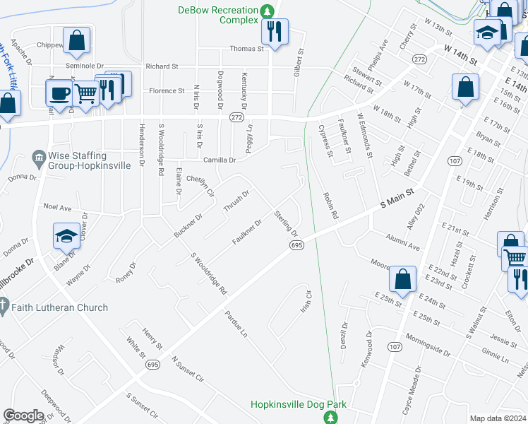 map of restaurants, bars, coffee shops, grocery stores, and more near 2502 Faulkner Drive in Hopkinsville