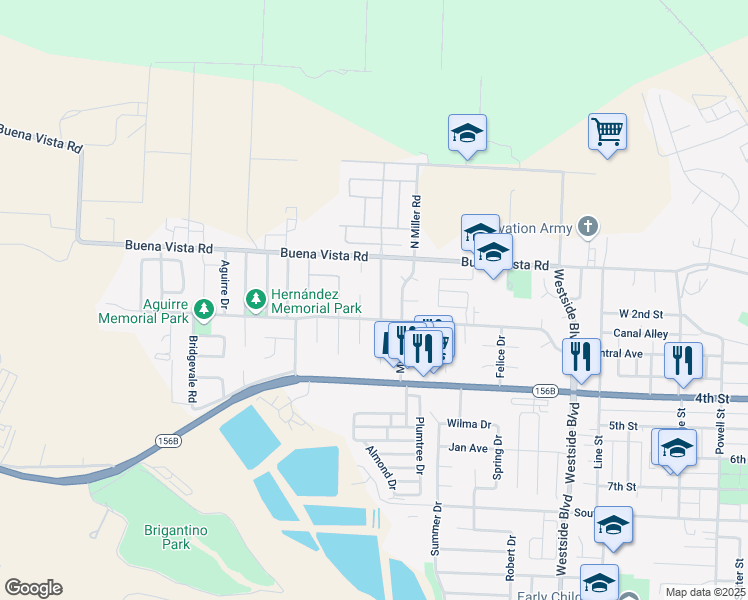 map of restaurants, bars, coffee shops, grocery stores, and more near 101 North Gonzalez Drive in Hollister