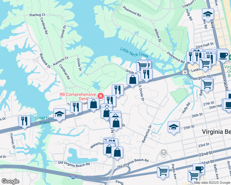 map of restaurants, bars, coffee shops, grocery stores, and more near 1109 Tanager Trail in Virginia Beach