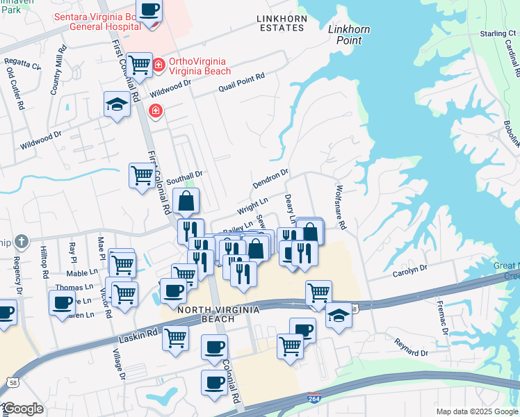 map of restaurants, bars, coffee shops, grocery stores, and more near 832 Seward Lane in Virginia Beach