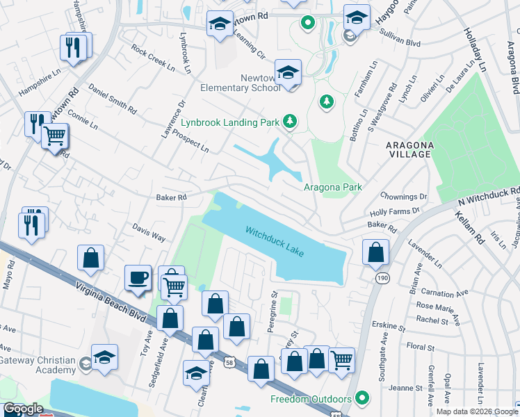 map of restaurants, bars, coffee shops, grocery stores, and more near 5508 Bulls Bay Drive in Virginia Beach