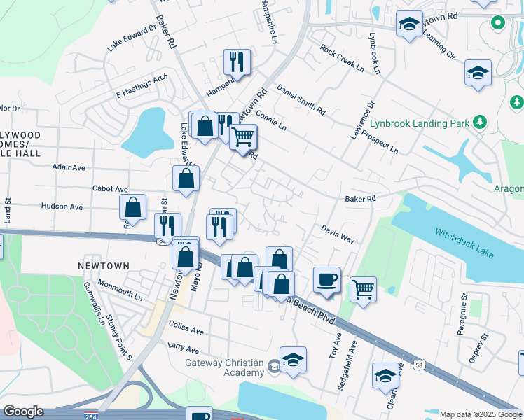 map of restaurants, bars, coffee shops, grocery stores, and more near 541 Landfall Drive in Virginia Beach
