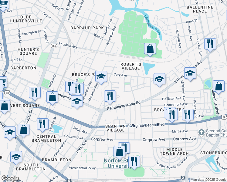 map of restaurants, bars, coffee shops, grocery stores, and more near 1312 Lead Street in Norfolk
