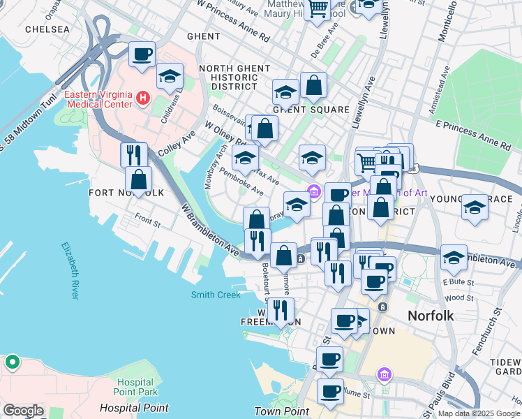 map of restaurants, bars, coffee shops, grocery stores, and more near 401 Warren Crescent in Norfolk