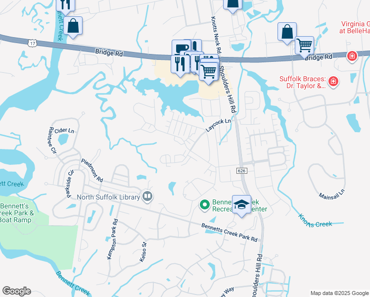 map of restaurants, bars, coffee shops, grocery stores, and more near 5543 Shoulders Hill Road in Suffolk