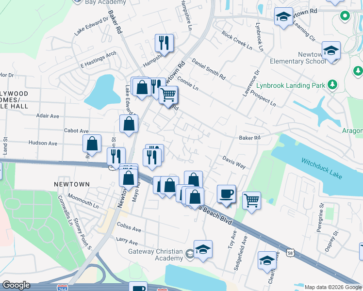 map of restaurants, bars, coffee shops, grocery stores, and more near 541 Landfall Drive in Virginia Beach