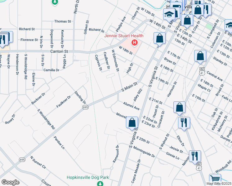 map of restaurants, bars, coffee shops, grocery stores, and more near 102 Thornton Court in Hopkinsville