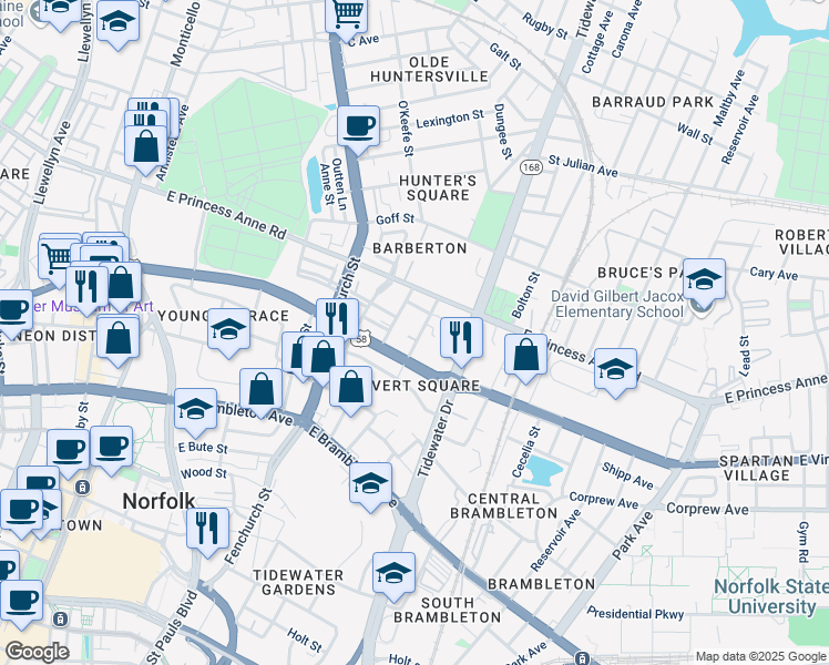 map of restaurants, bars, coffee shops, grocery stores, and more near 1017 Chapel Street in Norfolk