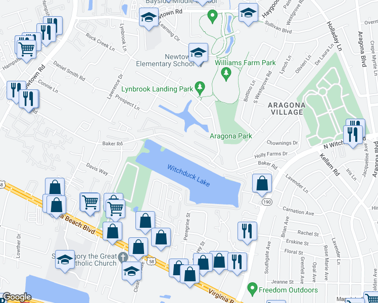 map of restaurants, bars, coffee shops, grocery stores, and more near 5484 Bulls Bay Drive in Virginia Beach