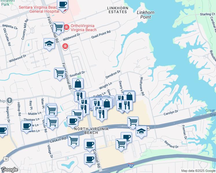 map of restaurants, bars, coffee shops, grocery stores, and more near 828 Seward Lane in Virginia Beach