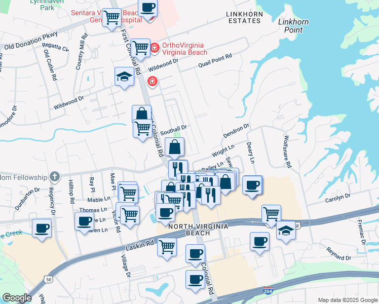 map of restaurants, bars, coffee shops, grocery stores, and more near 955 Colonial Meadows Way in Virginia Beach