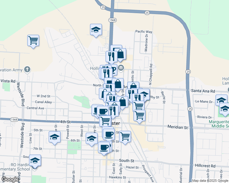 map of restaurants, bars, coffee shops, grocery stores, and more near 4 East Street in Hollister