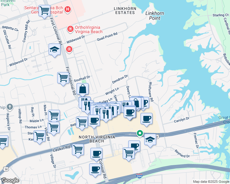 map of restaurants, bars, coffee shops, grocery stores, and more near 832 Seward Lane in Virginia Beach