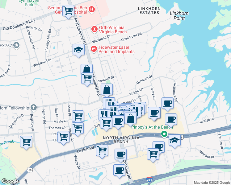 map of restaurants, bars, coffee shops, grocery stores, and more near 955 Colonial Meadows Way in Virginia Beach
