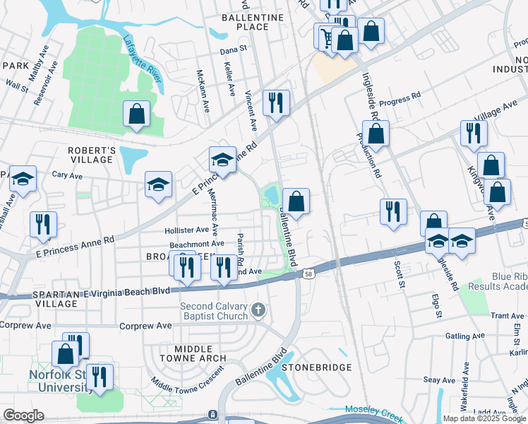 map of restaurants, bars, coffee shops, grocery stores, and more near 1260 Godfrey Avenue in Norfolk