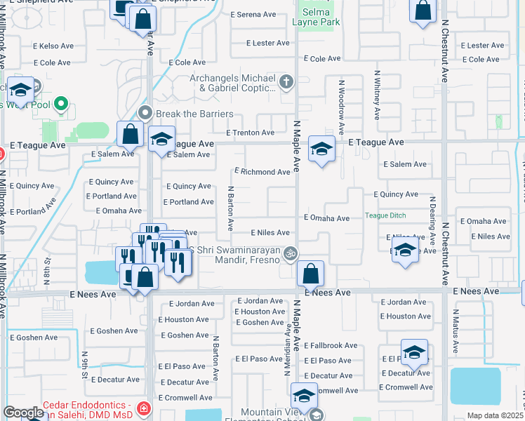 map of restaurants, bars, coffee shops, grocery stores, and more near 8365 North Jackson Avenue in Fresno