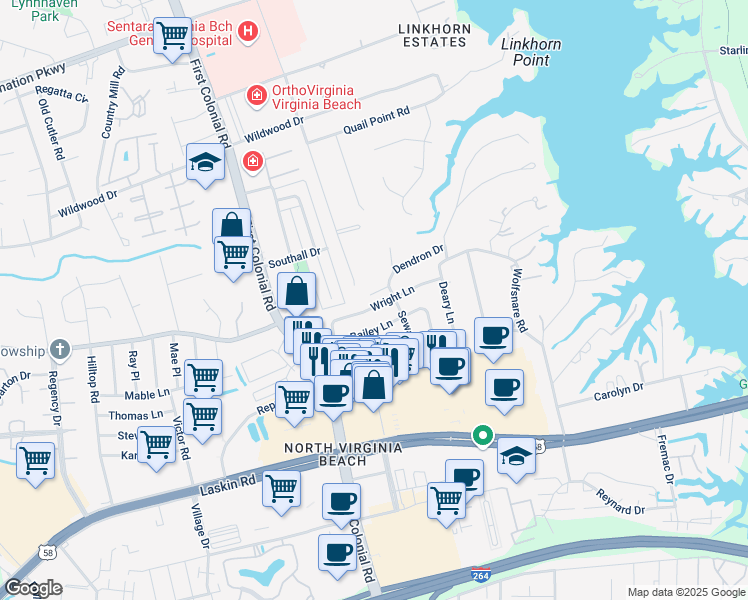 map of restaurants, bars, coffee shops, grocery stores, and more near 1640 Wolfsnare Road in Virginia Beach
