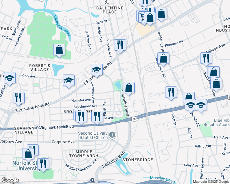 map of restaurants, bars, coffee shops, grocery stores, and more near 1240 Godfrey Avenue in Norfolk