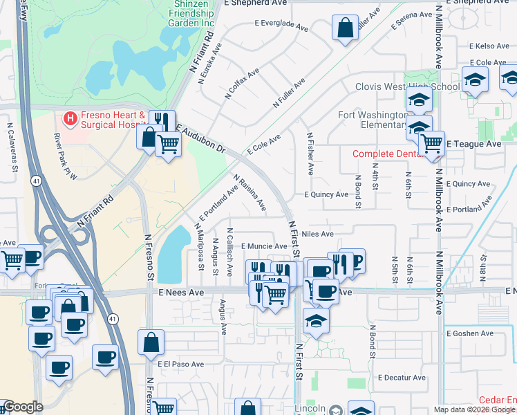 map of restaurants, bars, coffee shops, grocery stores, and more near 8296 North Raisina Avenue in Fresno