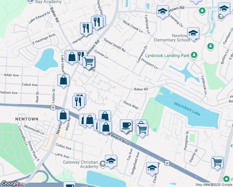map of restaurants, bars, coffee shops, grocery stores, and more near 585 Davis Street in Virginia Beach