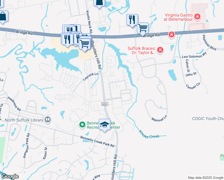 map of restaurants, bars, coffee shops, grocery stores, and more near 914 Vineyard Place in Suffolk