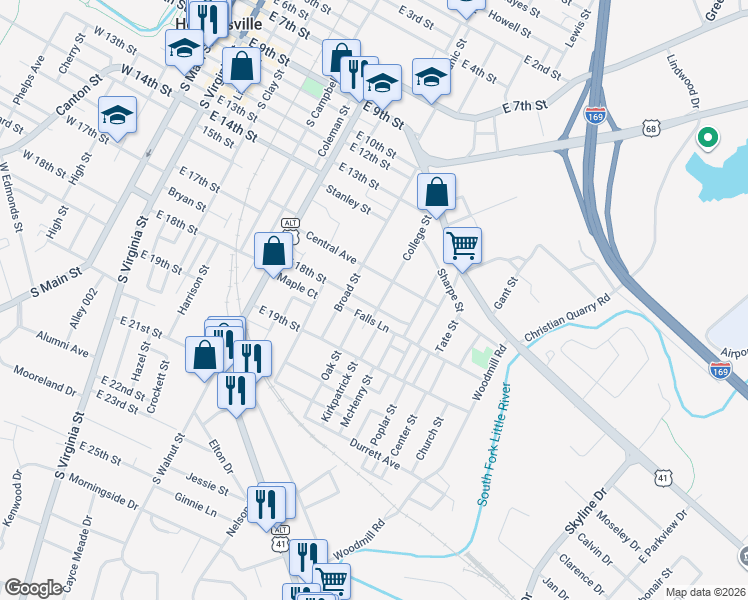 map of restaurants, bars, coffee shops, grocery stores, and more near 1700-1798 College Street in Hopkinsville