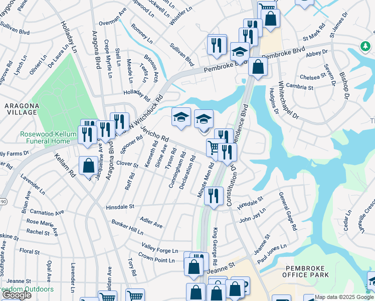 map of restaurants, bars, coffee shops, grocery stores, and more near 672 Cunningham Road in Virginia Beach