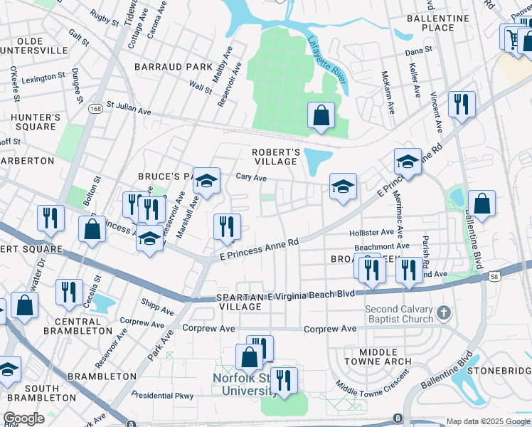 map of restaurants, bars, coffee shops, grocery stores, and more near 1286 Herbert Collins Way in Norfolk