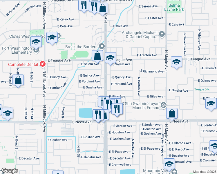 map of restaurants, bars, coffee shops, grocery stores, and more near 8298 North Sharon Avenue in Fresno
