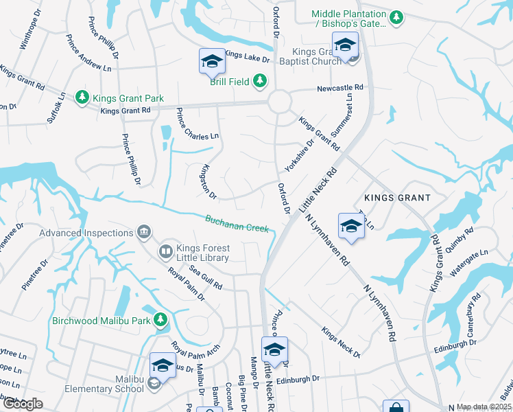 map of restaurants, bars, coffee shops, grocery stores, and more near 605 Runnymede Court in Virginia Beach