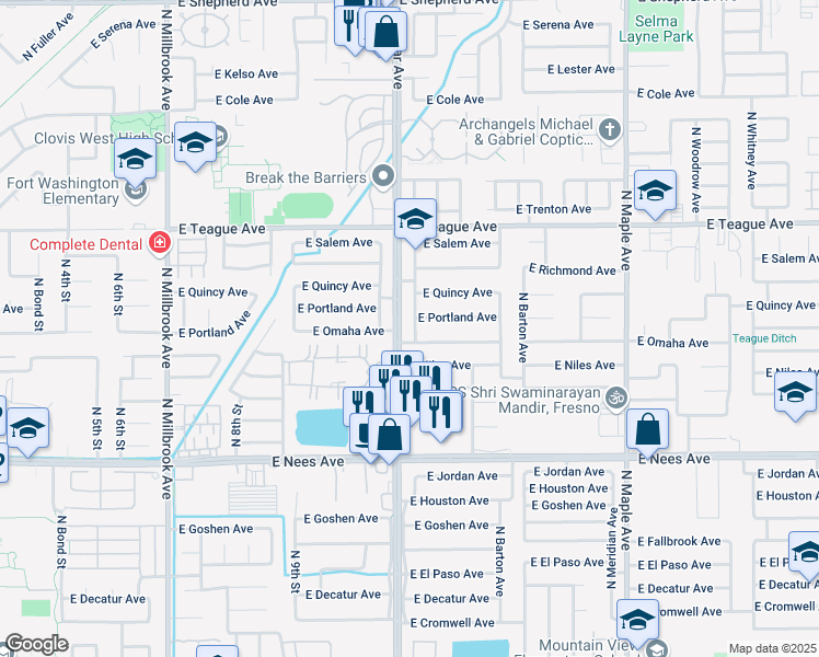 map of restaurants, bars, coffee shops, grocery stores, and more near 8298 North Sharon Avenue in Fresno