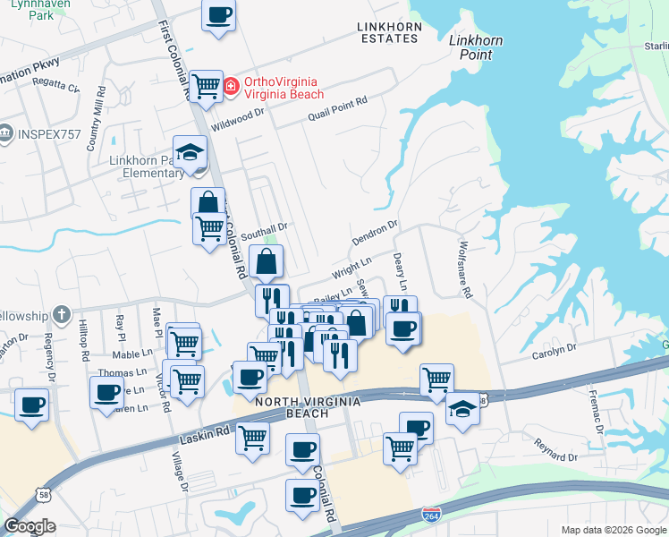 map of restaurants, bars, coffee shops, grocery stores, and more near 1640 Wolfsnare Road in Virginia Beach