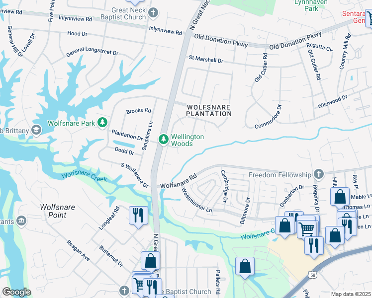 map of restaurants, bars, coffee shops, grocery stores, and more near 828 North Plantation Drive in Virginia Beach